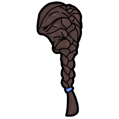 A back view of a medium-length french braid or plait, tied with a light blue hair tie at the base. the hair is dark brown.